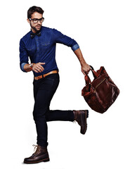 Poster - Isolated business man, bag and travel for vision, think or retro fashion by transparent png background. Young businessman, model and idea for satchel, leather luggage or vintage clothes for aesthetic