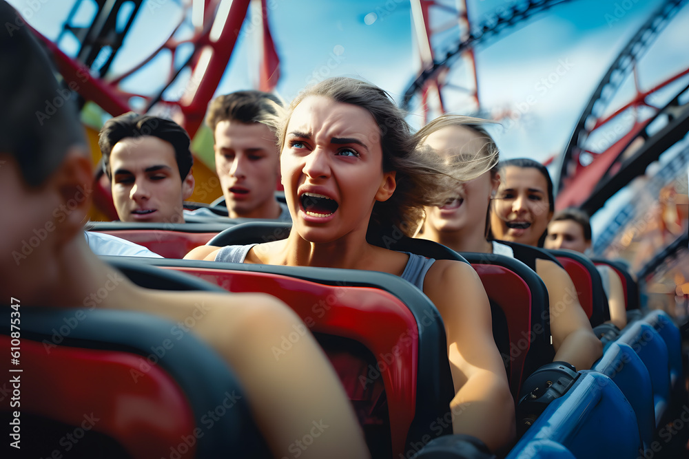 Emotions girl screaming with fright and joy ride people on trolleys in