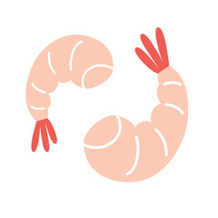 Cooking shrimps icon, vector illustration of two deveined shrimps, ingredients for ethnic food recipes, ramen  topping, seafood doodle, isolated colored clipart on white background