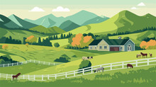 Vector Image Of The Mountain Landscape And A River Across The Green Fields
