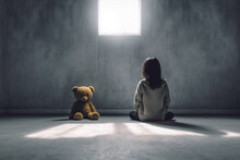 Girl Sitting With Teddy Bear And Facing An Empty Wall. Depression, Autism Concept. Generative AI