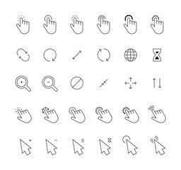 Click cursor icons. Computer clicking pointer icon arrow and hand, web sign internet globe, loading hourglass, touch app, interface tools. Vector set