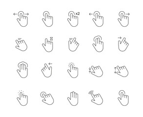 Web gesture hand icons. Simple icons with hand using smartphone, sign fingers touch, click, zoom, rotate, tap display. Touchscreen interface. Vector set
