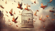 Bird Cage Empty, Bird Escape, Freedom Concept, Generative AI