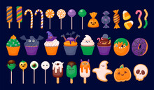 Halloween Sweets. October Holiday, Kids Autumn Party. Trick Or Treat Sweet Candy, Chocolate, Pumpkin Cookie, Colorful Lollipop, Ghost Cake. Vector Set