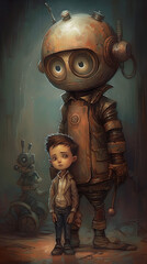 Wall Mural - boy and his cute robot Generative AI