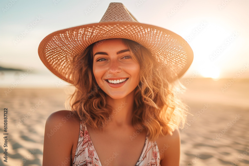 Portrait of an attractive young woman in straw hat smiling on the beach ...