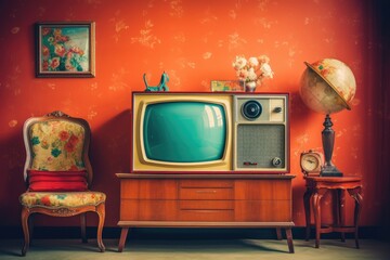 Vintage TV against the wall. Retro style. Generative AI