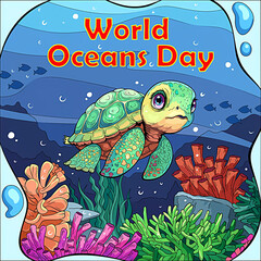 Wall Mural - World ocean day, illustration of a turtle in the sea
