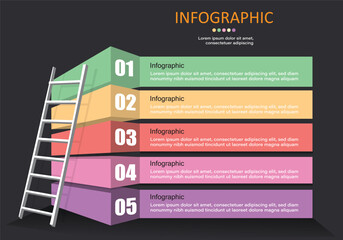 Fototapete - Vector infographic, 5 steps, 5 steps ascending timeline with ladders on the side to represent ascending ascending steps on a black gray background used in financial management classes.