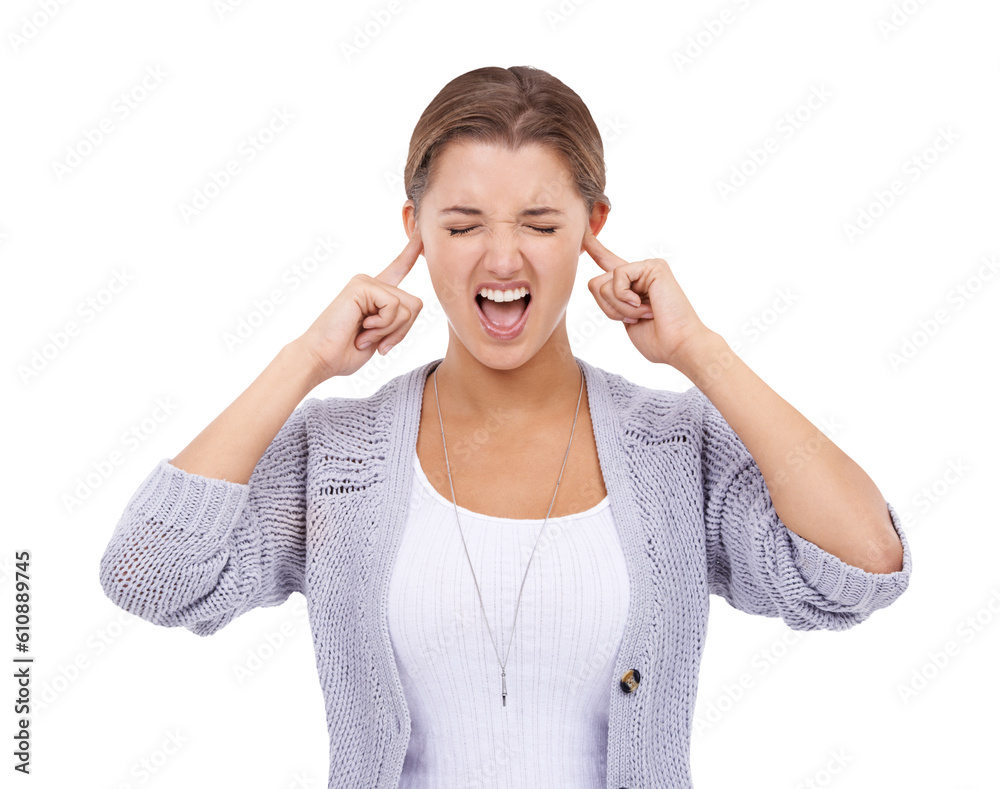 Isolated woman, shout and fingers in ears for anxiety, stress and ...