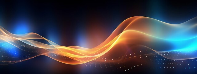 Fototapete - Data transfer technology concept wallpaper texture background banner illustration  - Abstract futuristic with gold blue glowing neon moving high speed wave lines and bokeh lights Generative AI