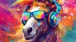 Abstract background with horse in headphones and sunglasses at colorful rainbow paints splashes backdrop. Animal character listening music. Horizontal illustration for banner design. Generative AI.