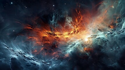 Abstract background with dramatic dark blue cosmos with red glowing, stars shining in heaven clouds. Fantasy galaxy space modern wallpaper. Horizontal illustration for banner design. Generative AI.