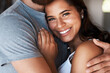Love, woman face and portrait of happy couple hug for relationship security, empathy and safety support. Marriage happiness, affection and romantic man, wife or people bond, smile and embrace at home