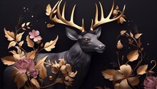 Elegant Luxury Golden And Black Deer Animal With Seamless Floral And Flowers With Leaves Background. 3d Abstraction Modern Interior Mural Painting Illustration Of A Deer With Flower Wallpaper