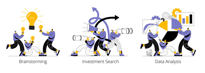 Aufkleber - The team is brainstorming, working with data in the form of various charts, looking for new investments. A set of fun vector illustrations on the theme of business and group work.