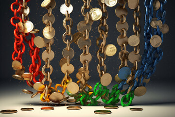 Poster - An artistic representation of a broken chain with dollar signs as the links, portraying the fragility and vulnerability of the currency during a decline.  Generative AI technology.