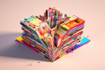 Poster -  An abstract illustration of a book with colorful geometric shapes and patterns emerging from its pages.  Generative AI technology.