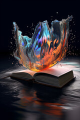 Poster -  A digital composition of a book with pages composed of flowing water or waves, symbolizing the continuous flow of knowledge and the fluidity of learning.  Generative AI technology.