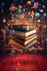 Leinwandbilder -  A digital artwork featuring a floating book composed of colorful geometric shapes and patterns.  Generative AI technology.