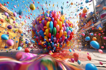 Poster - A digital composition of abstract balloons bursting into a shower of colorful confetti, conveying a sense of excitement and the release of joy.  Generative AI technology.