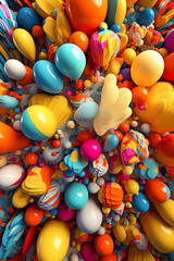Poster -  An illustration of abstract balloons in various sizes and shapes, rendered in bold and contrasting colors, creating a visually striking and eye-catching image.  Generative AI technology.