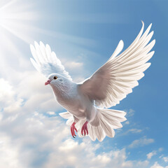 Fototapete -  A digital artwork depicting a dove flying against a backdrop of a clear blue sky, representing peace, harmony, and hope for a better future.  Generative AI technology.
