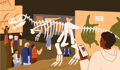 Wall Mural - Archeology and paleontology museum. Visitors looking at prehistoric bones, displayed dinosaur skeleton, archaeological fossils at prehistory Jurassic period exhibition. Flat vector illustration