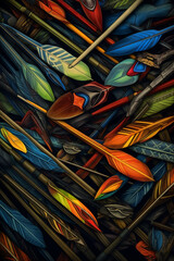 Poster -  A series of abstract drawings depicting bow and arrow motifs in different styles, showcasing the diverse interpretations and artistic approaches to this subject matter.  Generative AI technology.