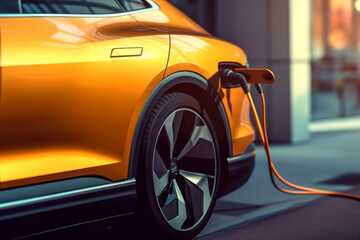 Poster -  A close-up photograph of an electric vehicle connected to a charging station, capturing the charging cable plugged into the car's port.  Generative AI technology.