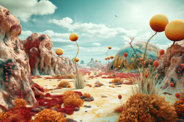 Poster -  An abstract mixed-media artwork depicting a surreal desert landscape with floating islands and celestial bodies, symbolizing the infinite possibilities of the imagination.  Generative AI technology.