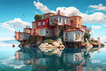 Aufkleber -  A digital illustration of a surreal coastal landscape with upside-down houses and floating boats, evoking a sense of wonder and curiosity.  Generative AI technology.