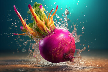 Poster - An vibrant photograph of a Turnip splashed in bright paint, symbolizing freshness and health.  Generative AI technology.