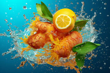 Aufkleber - An vibrant photograph of a Ginger splashed in bright paint, symbolizing freshness and health.  Generative AI technology.
