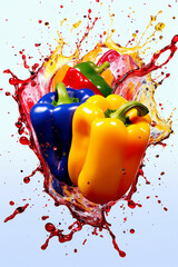 Aufkleber - An abstract surreal photograph of a Peppers splashed in bright paint, symbolizing freshness and health.  Generative AI technology.