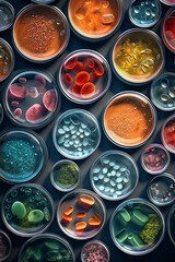Poster - Multiple petri dishes showcasing bacterial colonies of varying sizes, creating a visual contrast and a sense of depth.  Generative AI technology.