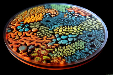 Poster - An agar plate featuring bacterial colonies forming a beautiful and intricate pattern, resembling a delicate lacework design.  Generative AI technology.