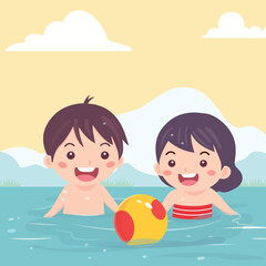 Canvas Print - Happy Boy and Girl Character Playing Ball in Water for Pool Party on Summer Holiday.