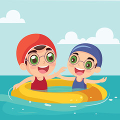 Sticker - Happy Two Boys Character Wear Goggles and Swimming Inflatable Ring in Water for Pool Party on Summer Holiday.