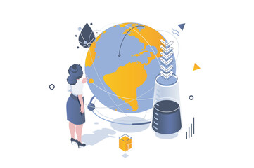 Poster - Oil Industry concept in 3d isometric design. Global petroleum fuel business with commerce and transportation barrels in world market. Vector illustration with isometric people scene for web graphic