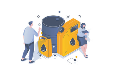 Poster - Oil Industry concept in 3d isometric design. Man and woman using barrel and canisters for storage fuel for refueling cars in garage. Vector illustration with isometric people scene for web graphic