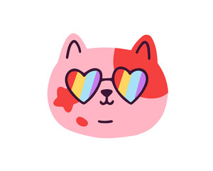 Wall Mural - Cute cat head avatar in LGBT rainbow sunglasses. Funny kitty in heart-shaped LGBTQ glasses, face portrait. Amusing lovely feline, pride month. Flat vector illustration isolated on white background