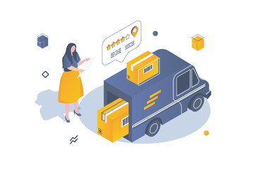 Transportation logistics concept in 3d isometric design. Woman using delivery company service for cardboard boxes shipping in truck. Vector illustration with isometric people scene for web graphic