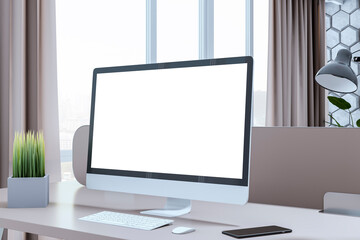 Poster - Contemporary designer office interior with decorative wall, empty white computer screen and other items. Mock up, 3D Rendering.