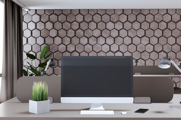 Poster - Close up of creative designer office interior with decorative wall, empty computer screen and other items. Mock up, 3D Rendering.