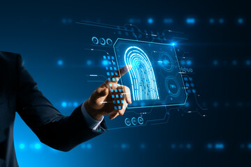 Aufkleber - Hi tech protection, biometric identification and security scanning concept businessman hand on digital touch screen with blue human finger print and personal information data on dark background