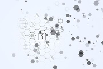 Poster - Creative white security landing page backdrop with hexagons and other icons. 3D Rendering.