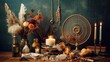 Still life composition that encapsulates the essence of spiritual practices, featuring feathers, candles, books, flowers, and other neo-shamanic sacred elements.