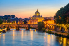 Vatican Basilica And Tiber River In Sunset Light, Rome, Italy